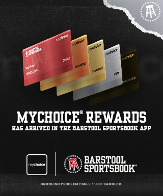 mychoice/barstool cards, text: "mychoice® rewards has arrived in the Barstool Sportsbook App ? Gambling Problem? Call 1-800-GAMBLER", mychoice and Barstooll Sportsbook logos