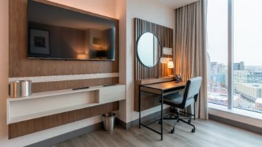Work area in hotel room at Hollywood Greektown